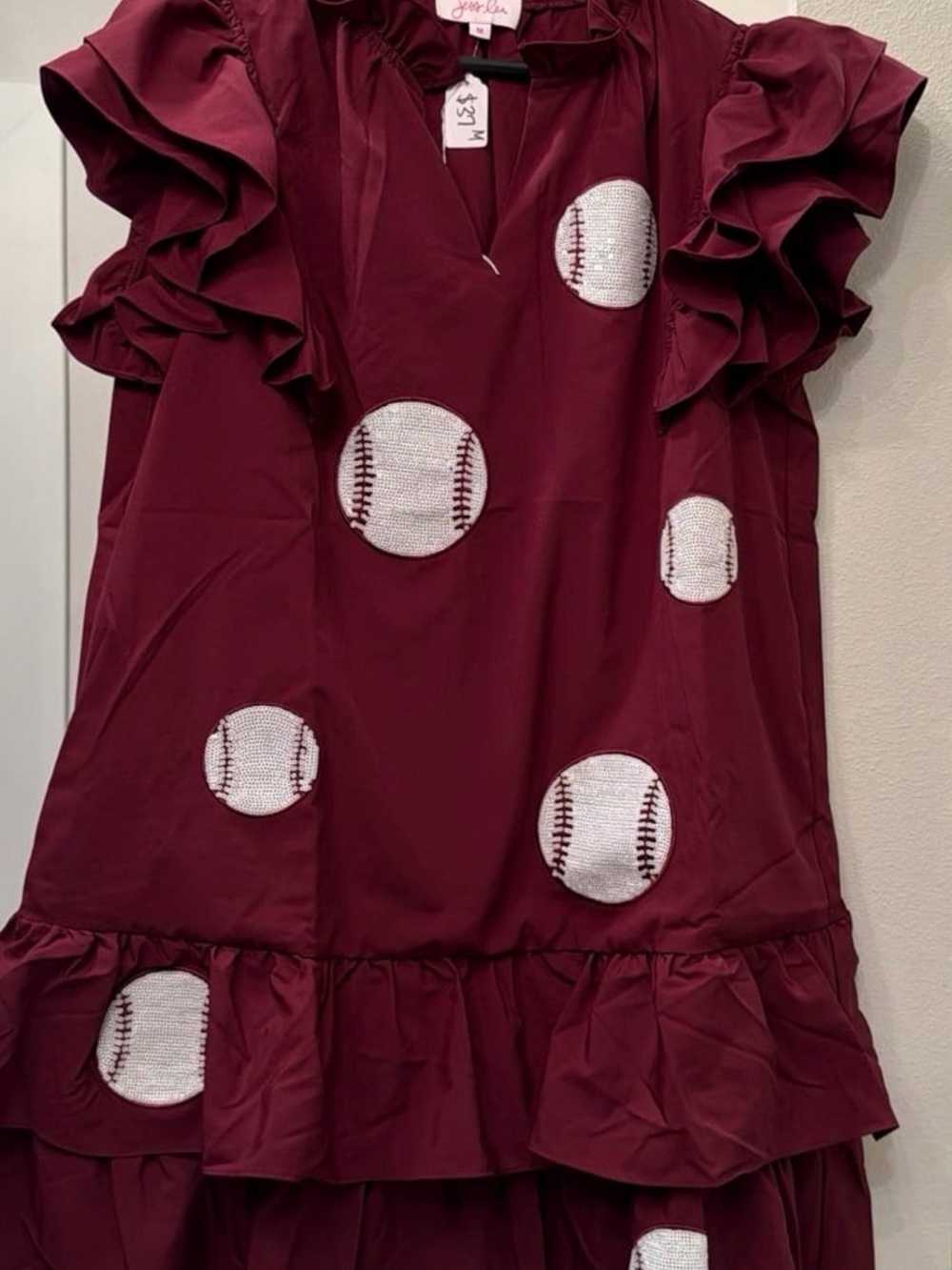 Women’s Maroon Ruffle Mini Dress with Sequin Baseballs